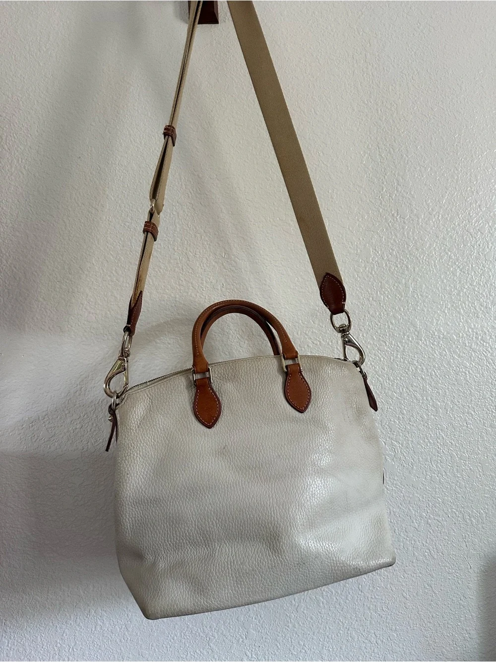 Dooney & Bourke Pebble Grain Leather Satchel Crossbody - Bone/Tan